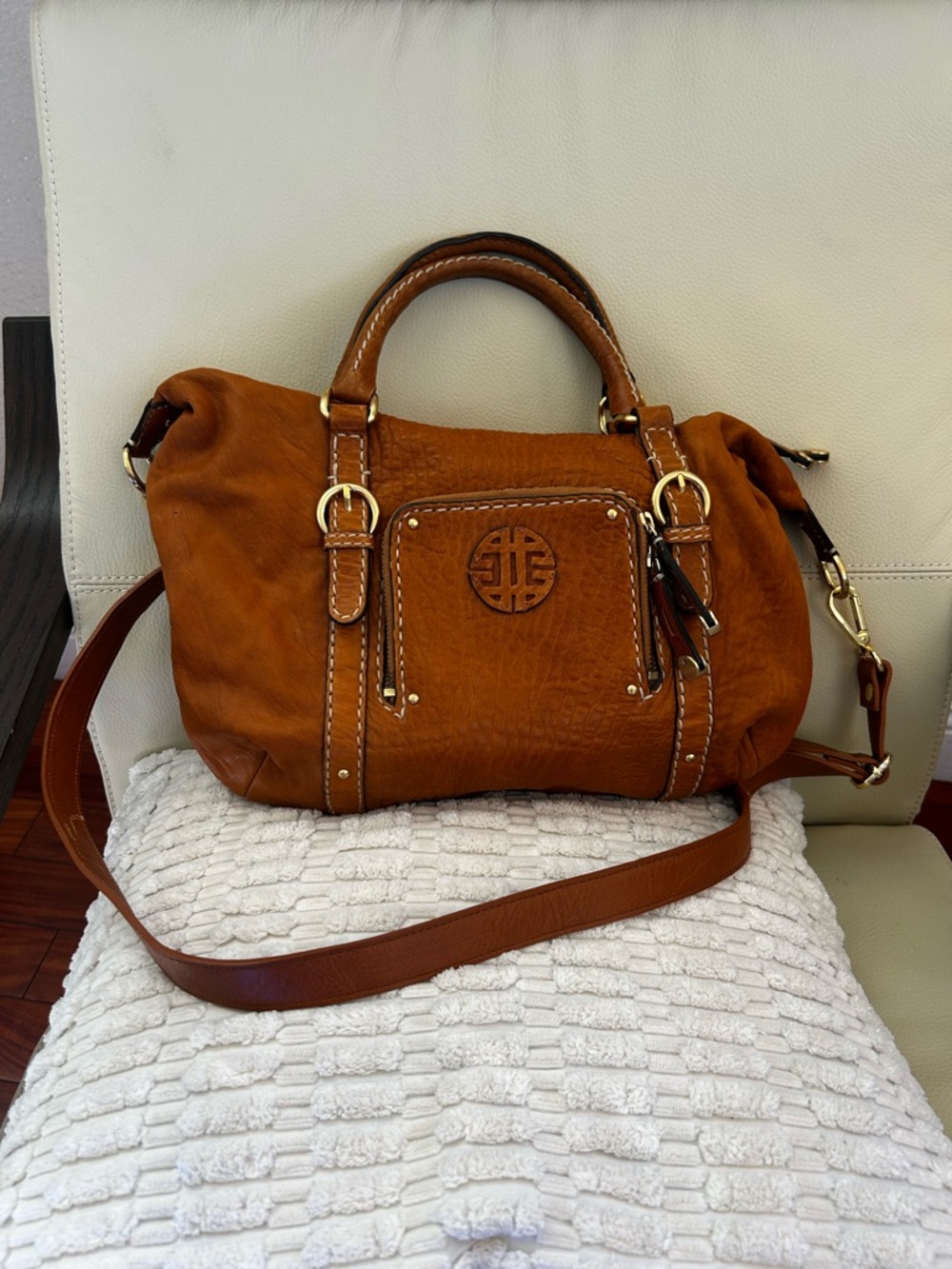 ANTONIO MELANI Brown Tan Leather Satchel with Gold Hardware